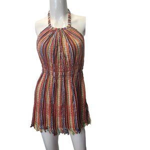 Colorful Mexican Halter Dress With Fringed Hem & Striped Design - Size S